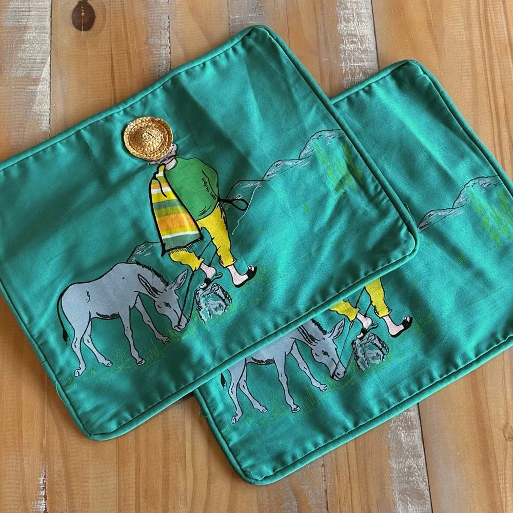 2 Green Vintage Pillow Covers Whimsical Kitschy Donkey Straw Hat New w/tags NOS